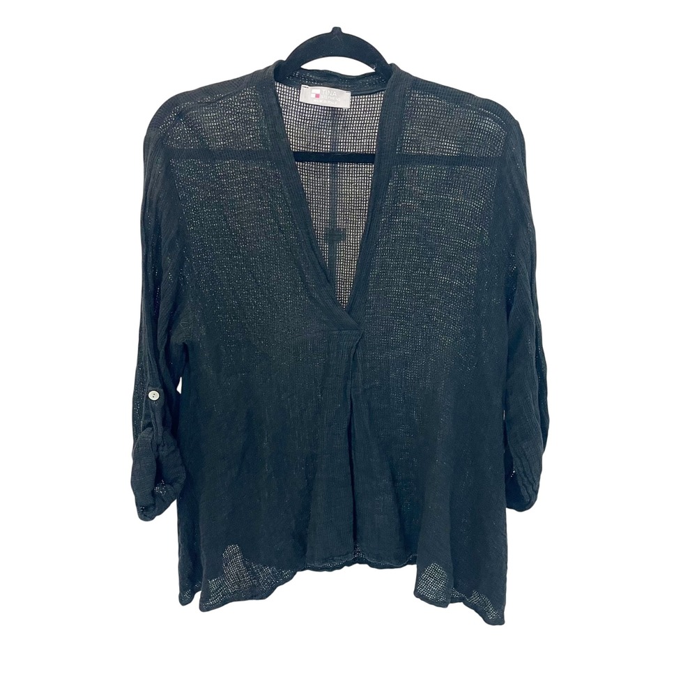 Tina Stephens Black Linen V-Neck Lagenlook Roll Tab Open Knit Top Italy O/S